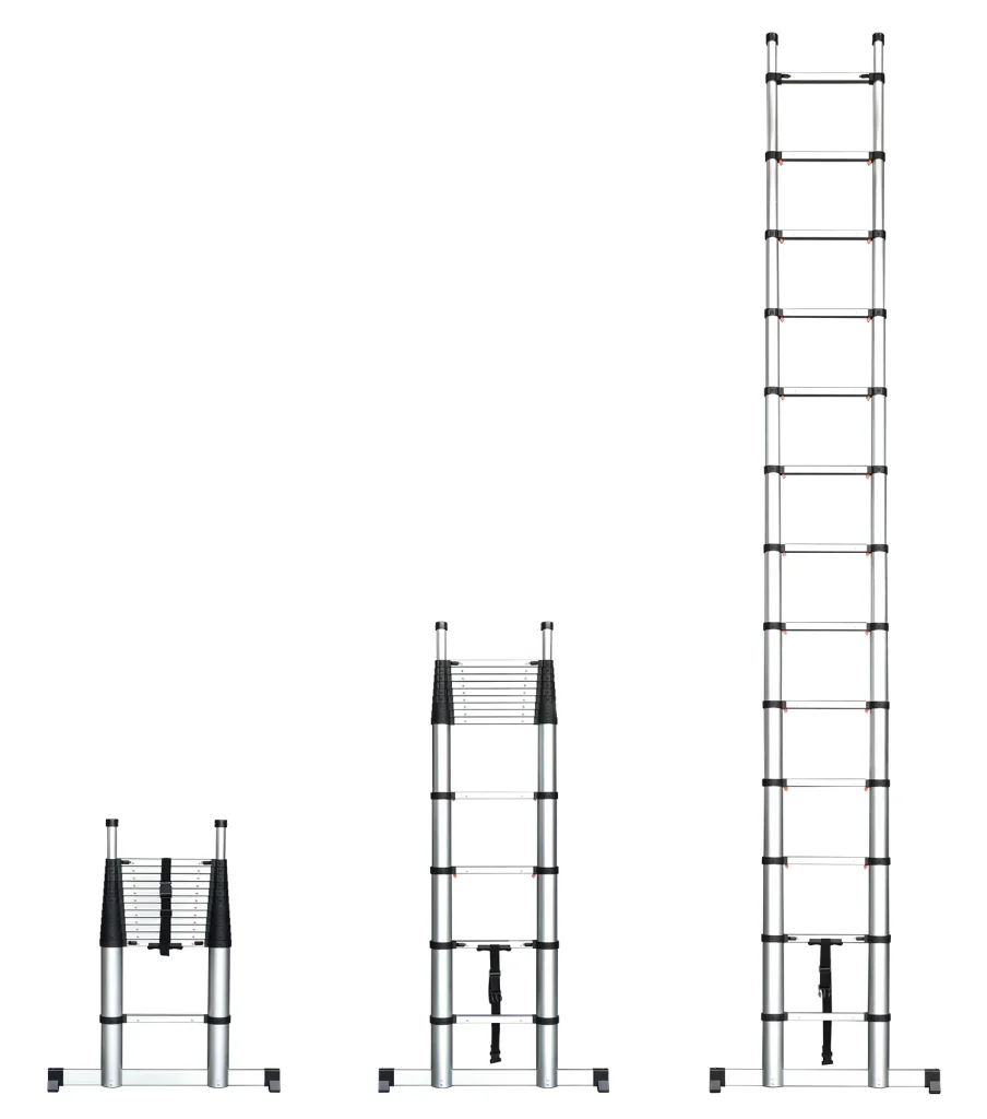Soft close telescopic ladder with balance bar
